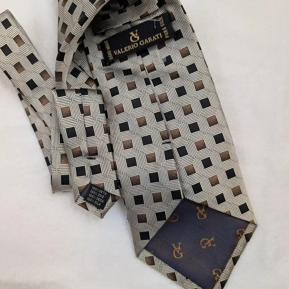 Valerio Garati Hand Made Pure Silk Geometric Square Pattern Tie Silver Bronze